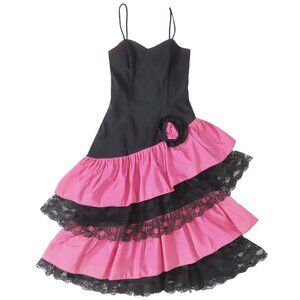 Vintage 80s Pink Black Lace Tiered Full Skirt Prom Party Dress XXS Flirtations